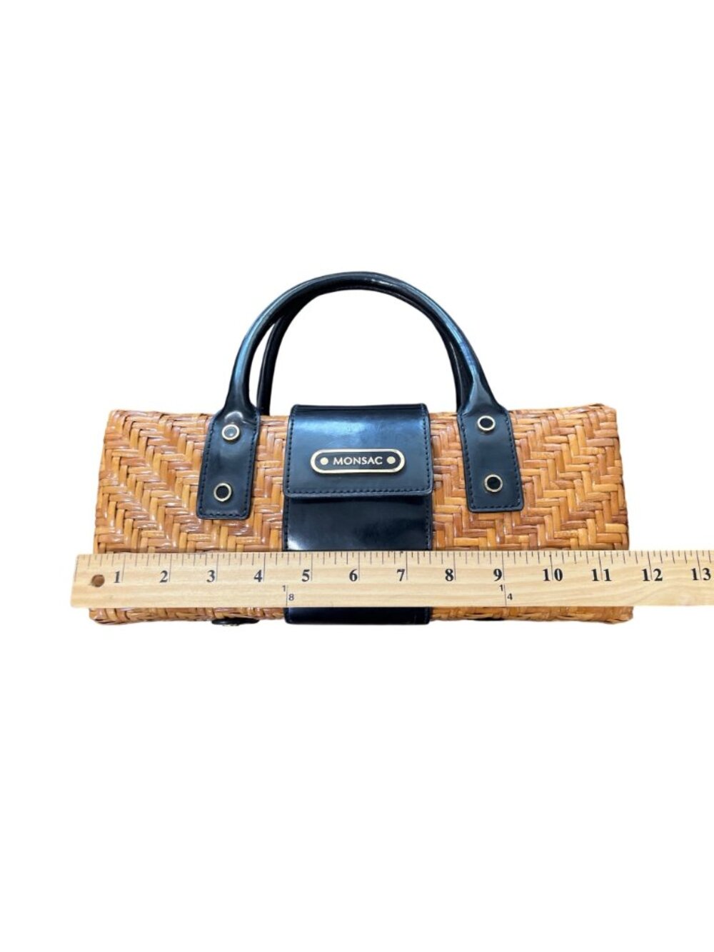 Vtg Monsac Woven Rattan Wicker & Black Leather Handbag Box Purse Top Handles - Picture 7 of 8